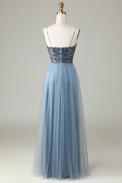 Beaded Spaghetti Straps Dusty Blue Bridesmaid Dress