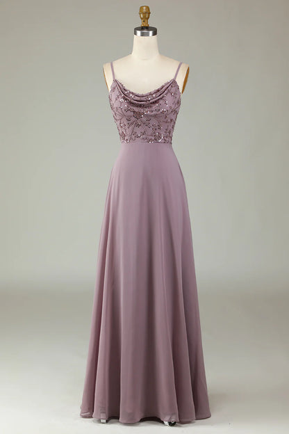 Spaghetti Straps Beaded Dusty Pink Bridesmaid Dress