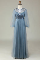 A Line Grey Blue Sequin Long Sleeves Bridesmaid Dress