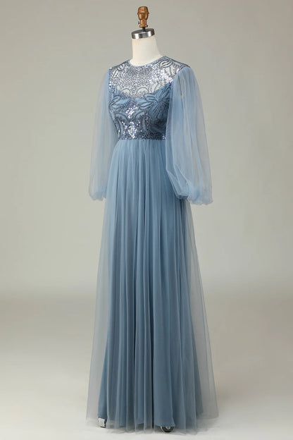 A Line Grey Blue Sequin Long Sleeves Bridesmaid Dress