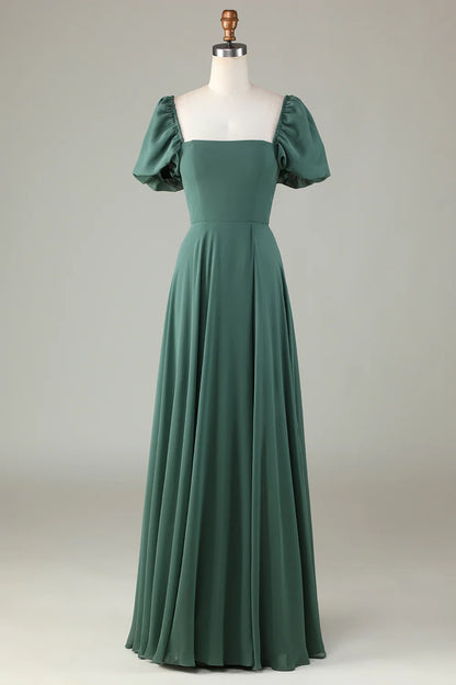 Chiffon Puff Sleeves Eucalyptus Bridesmaid Dress