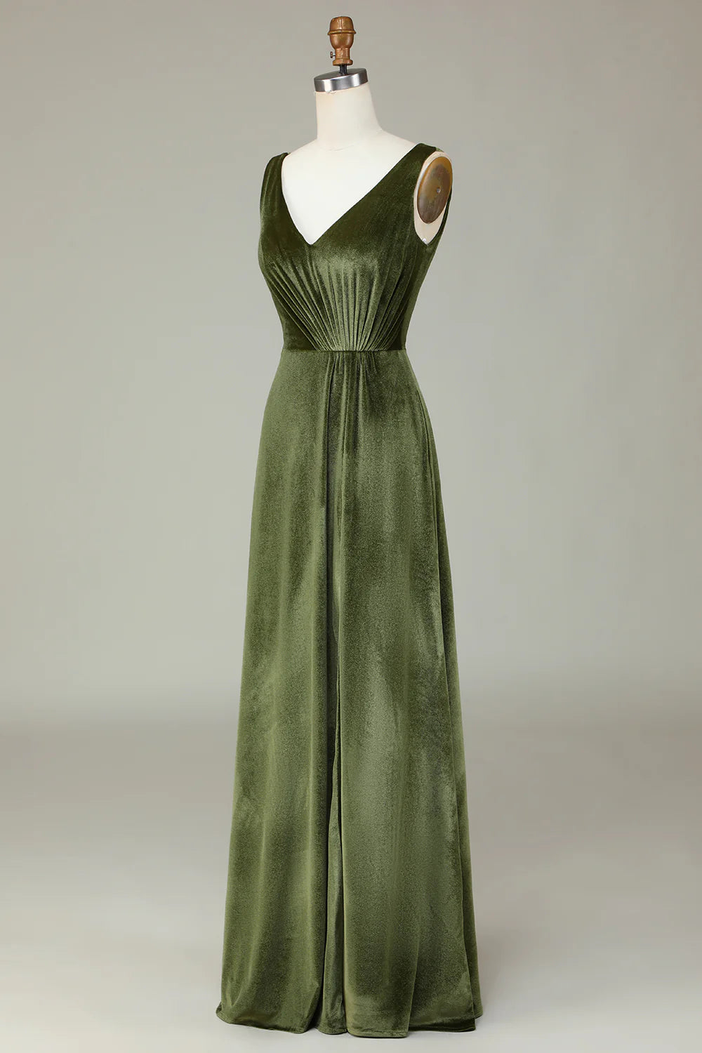 V-Neck Sleeveless Olive Velvet Bridesmaid Dress