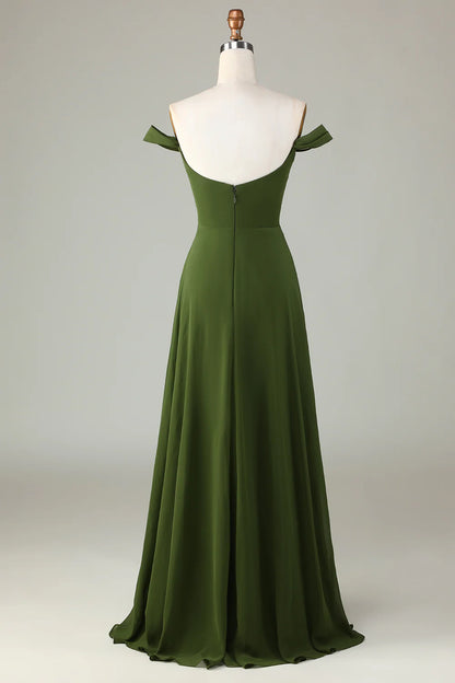 A-Line Off The Shoulder Olive Bridesmaid Dress with Slit