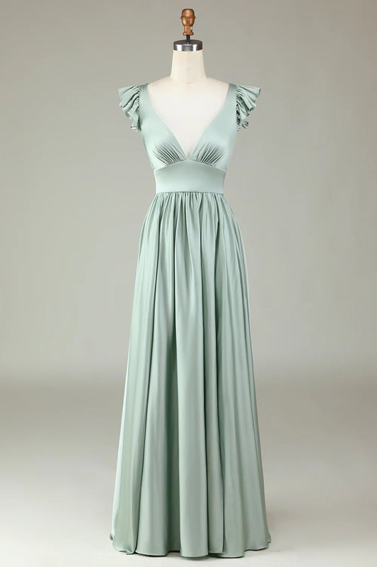 Deep V-Neck Matcha Long Bridesmaid Dress with Ruffles