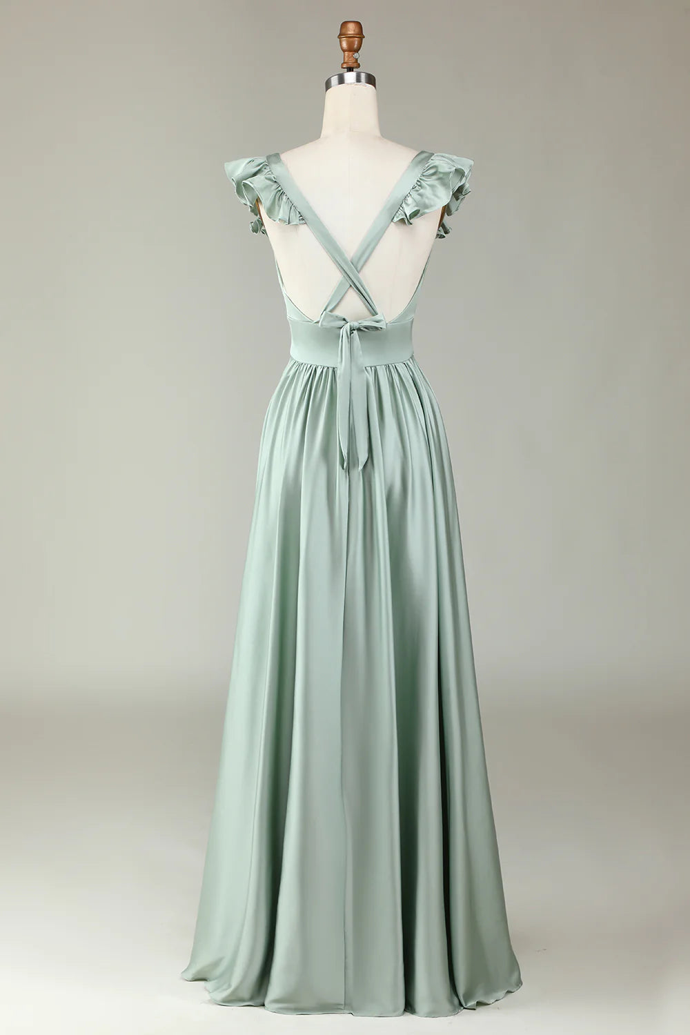 Deep V-Neck Matcha Long Bridesmaid Dress with Ruffles