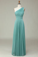 A-Line One Shoulder Sea Glass Long Bridesmaid Dress