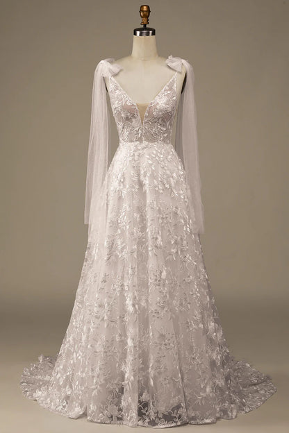 Ivory V-Neck Lace A-Line Wedding Dress with Bowknot