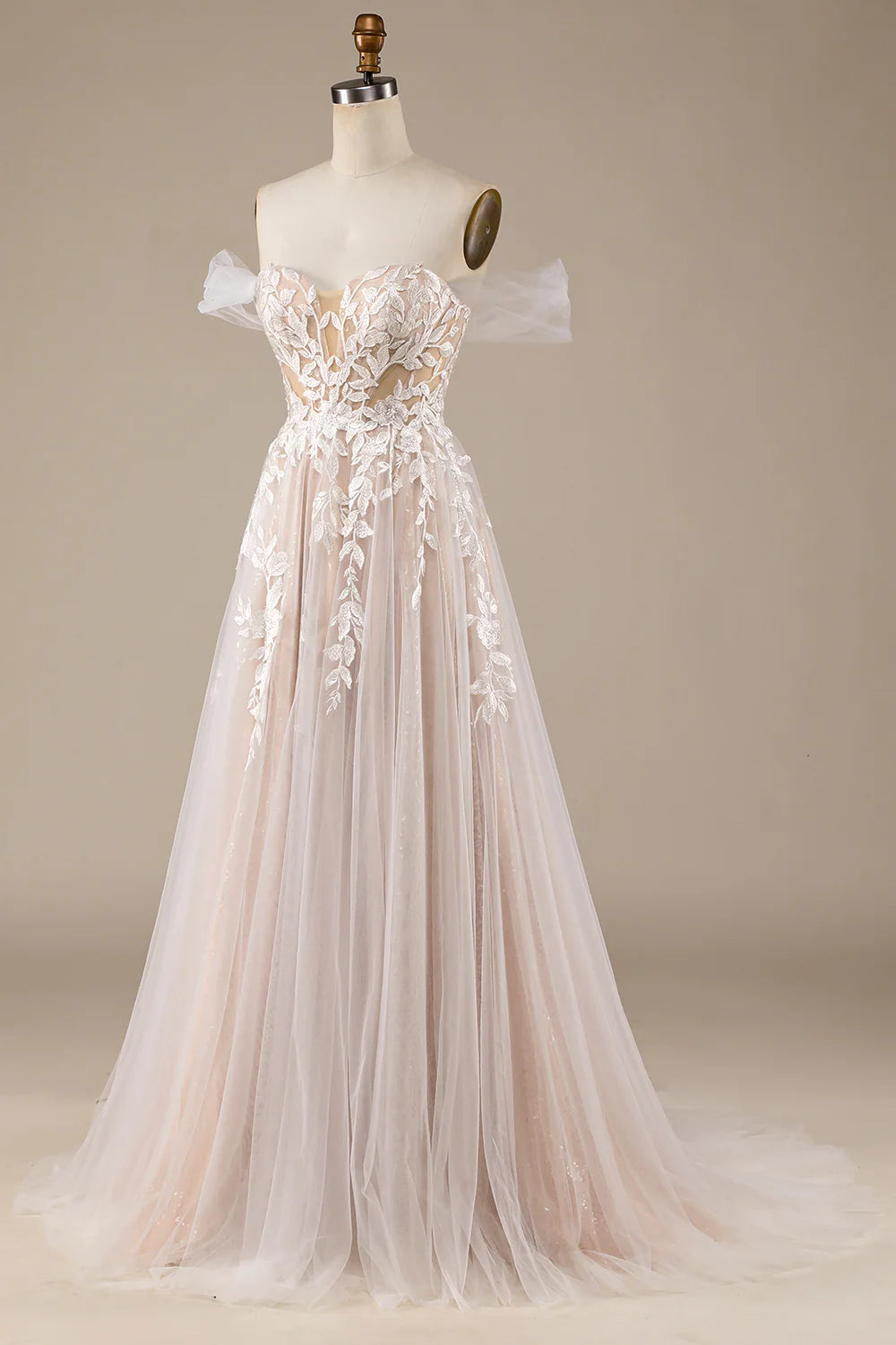 Champagne Tulle Detachable Off the Shoulder Wedding Dress with Lace