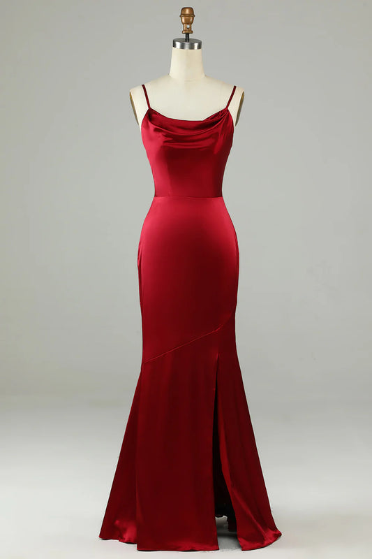 Spaghetti Straps Burgundy Long Bridesmaid Dress with Slit