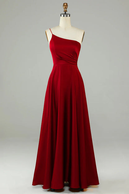 A-Line One Shoulder Burgundy Long Bridesmaid Dress with Ruffles