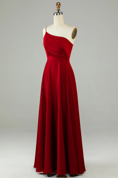 A-Line One Shoulder Burgundy Long Bridesmaid Dress with Ruffles