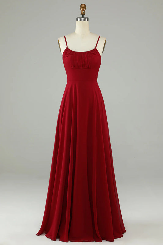 A-Line Spaghetti Straps Burgundy Long Bridesmaid Dress