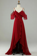 Asymmetrical Cold Shoudler Burgundy Long Bridesmaid Dress with Ruffles