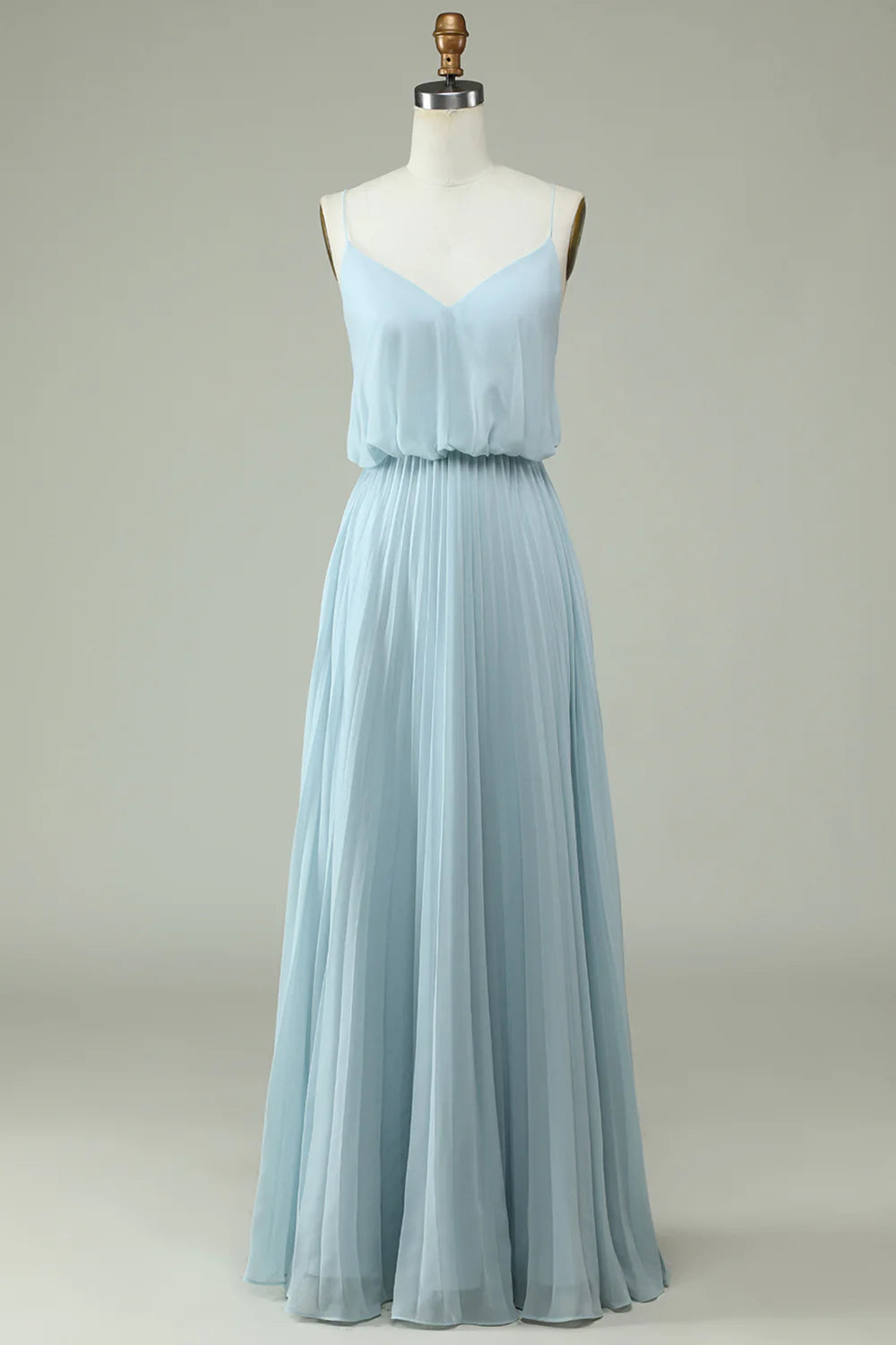 Chiffon Spaghetti Straps Sky Blue Long Bridesmaid Dress