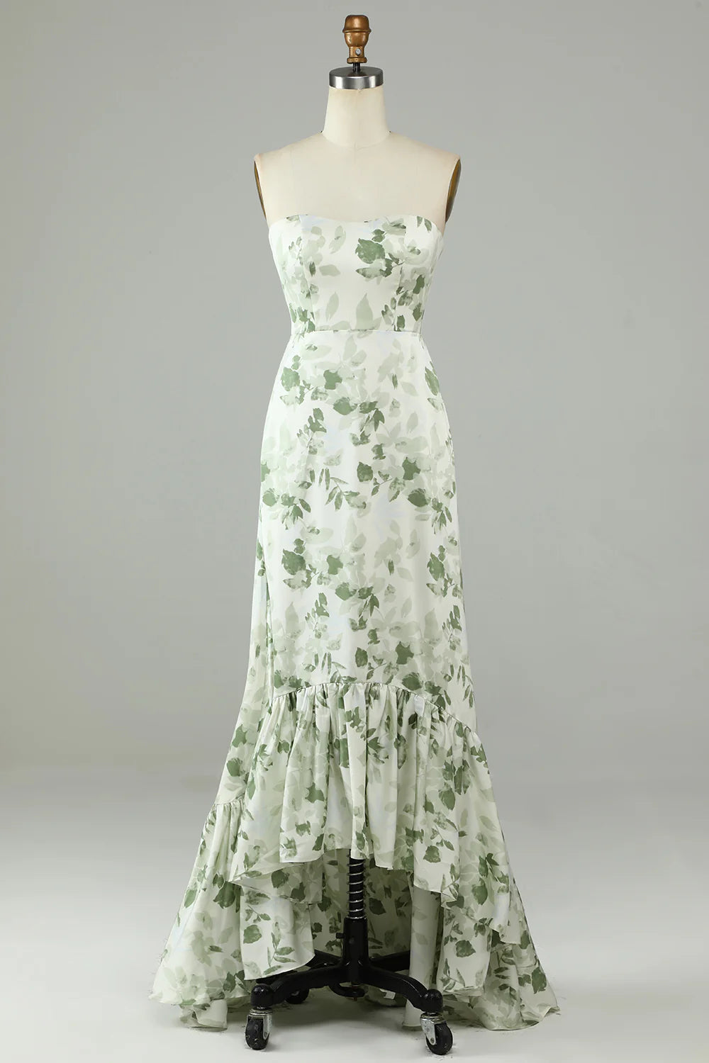 Asymmetrical Strapless Printed Green Long Bridesmaid Dress