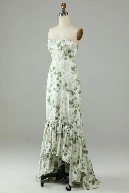 Asymmetrical Strapless Printed Green Long Bridesmaid Dress