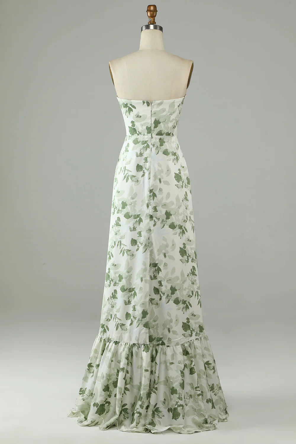 Asymmetrical Strapless Printed Green Long Bridesmaid Dress