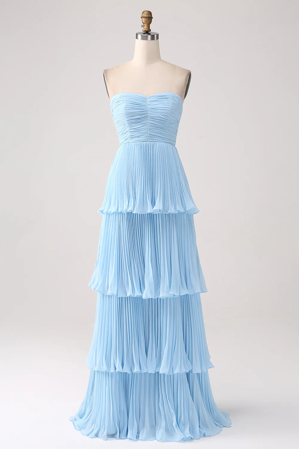 Strapless Sky Blue Sweetheart Long Bridesmaid Dress with Pleated