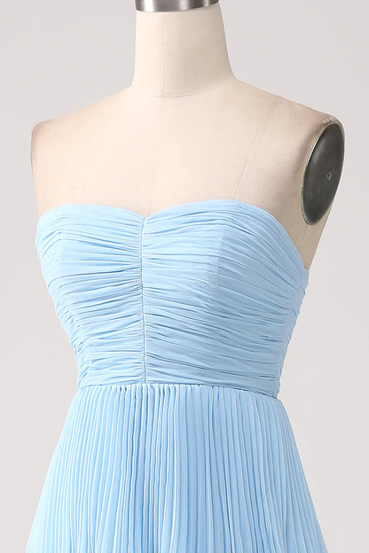 Strapless Sky Blue Sweetheart Long Bridesmaid Dress with Pleated