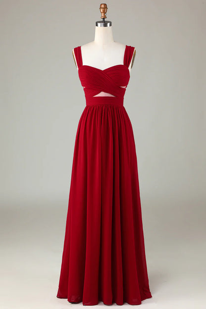 Burgundy Cut Out A Line Long Bridesmaid Dress