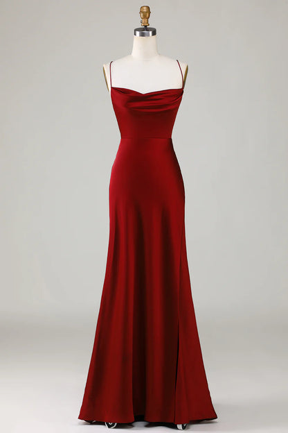 Lace-Up Back Burgundy Long Bridesmaid Dress with Slit