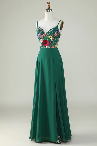 A-Line Spaghetti Straps Dark Green Long Bridesmaid Dress with 3D Flowers