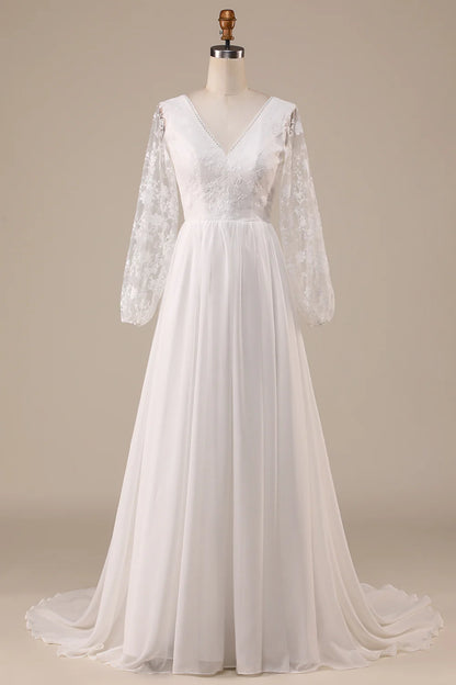 Ivory Chiffon Sweep Train Boho Wedding Dress with Lace