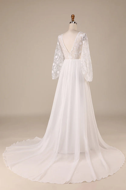 Ivory Chiffon Sweep Train Boho Wedding Dress with Lace