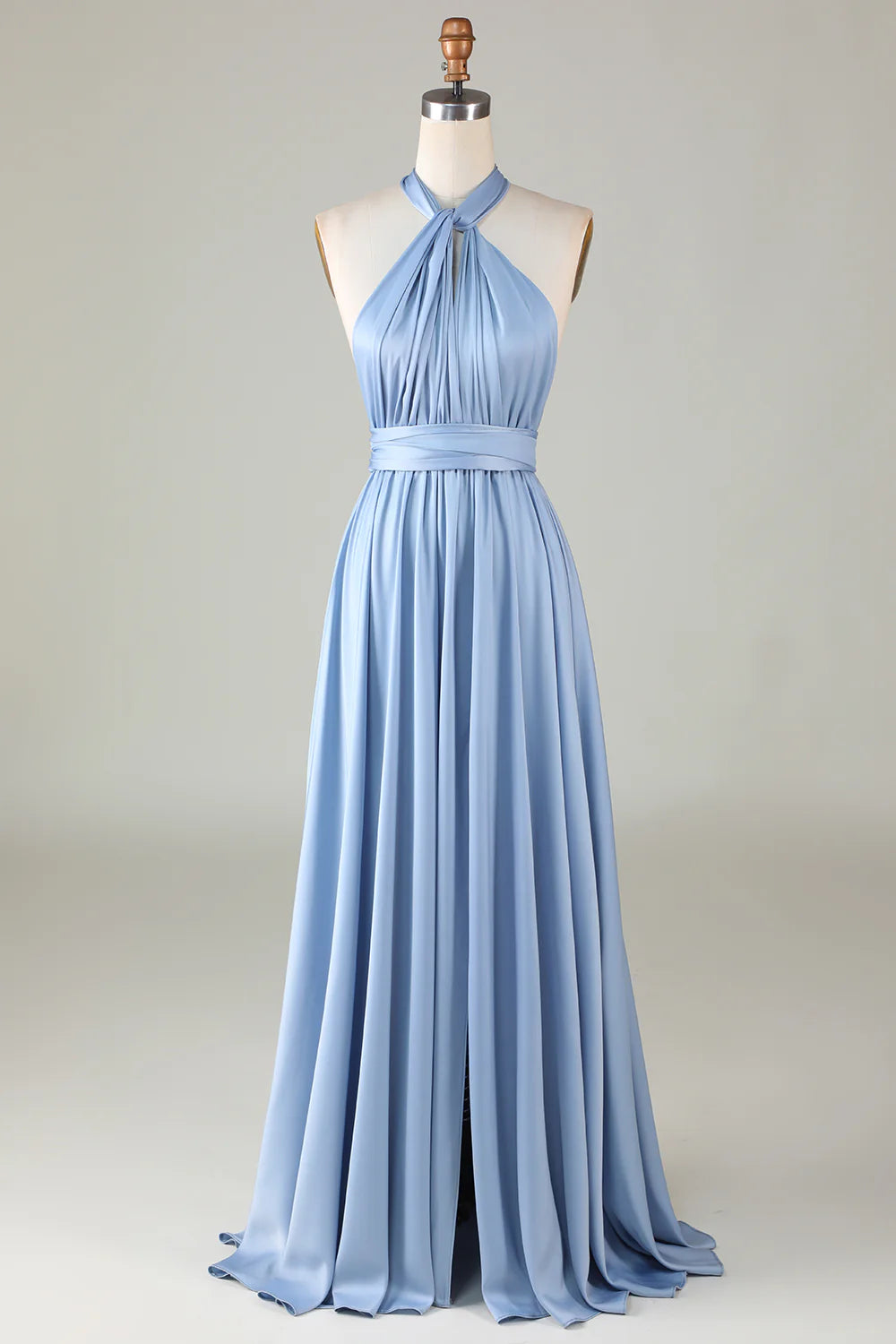 Convertible Blue Satin Bridesmaid Dress with Slit