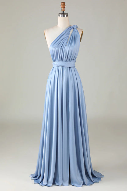 Convertible Blue Satin Bridesmaid Dress with Slit