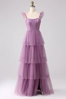 Purple A Line Tulle Tiered Pleated Long Prom Dress with Slit