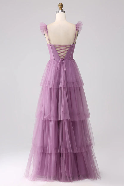 Purple A Line Tulle Tiered Pleated Long Prom Dress with Slit