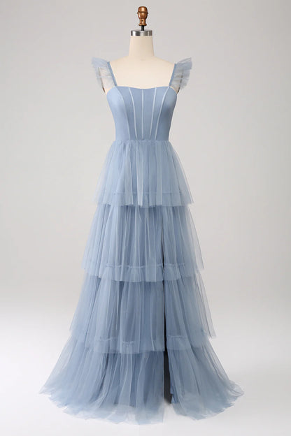 Dusty Blue A Line Tiered Tulle Corset Bridesmaid Dress with Slit