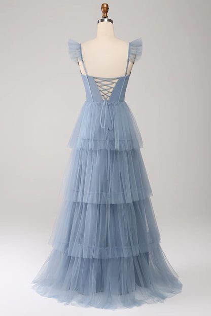 Dusty Blue A Line Tiered Tulle Corset Bridesmaid Dress with Slit