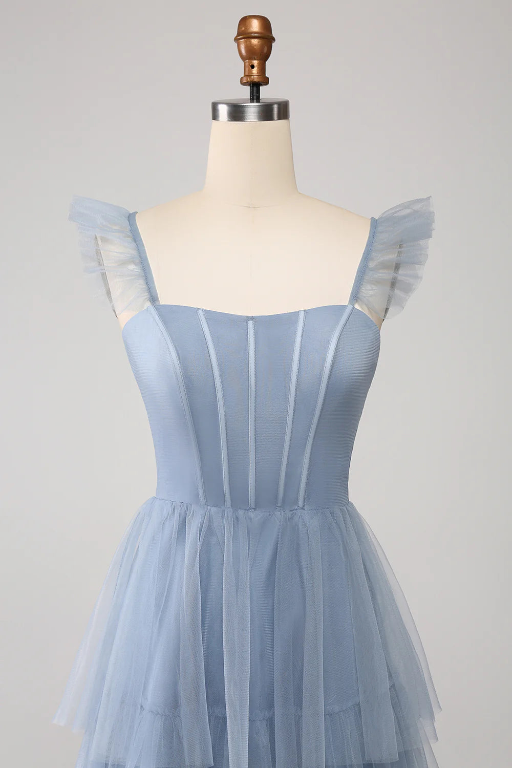 Dusty Blue A Line Tiered Tulle Corset Bridesmaid Dress with Slit