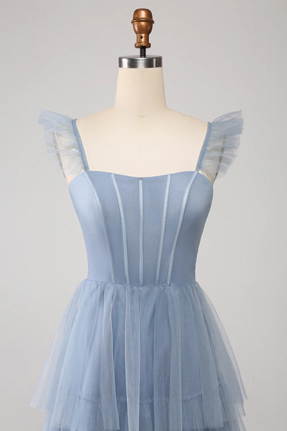 Dusty Blue A Line Tiered Tulle Corset Bridesmaid Dress with Slit