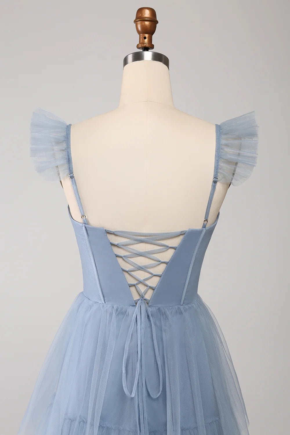 Dusty Blue A Line Tiered Tulle Corset Bridesmaid Dress with Slit