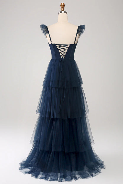 Navy Tulle Navy A Line Tiered Corset Bridesmaid Dress with Slit