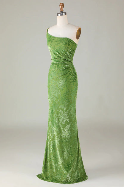 Velvet Mermaid One Shoulder Olive Bridesmaid Dress