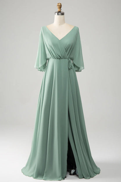 Matcha Batwing Sleeves Long Chiffon Bridesmaid Dress with Slit