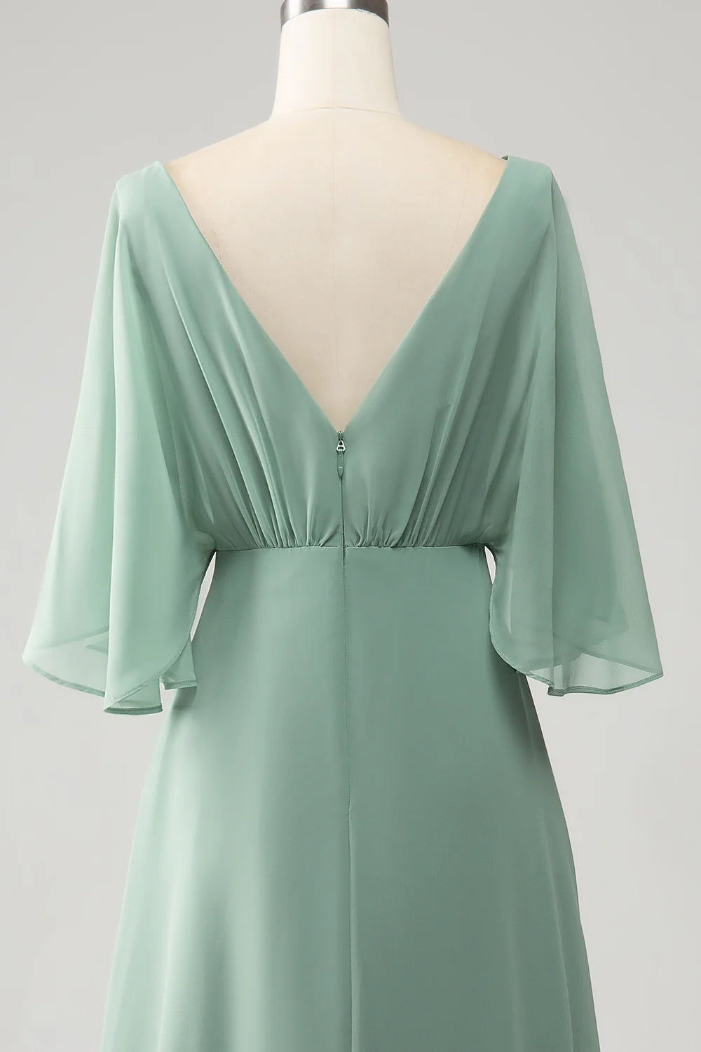 Matcha Batwing Sleeves Long Chiffon Bridesmaid Dress with Slit