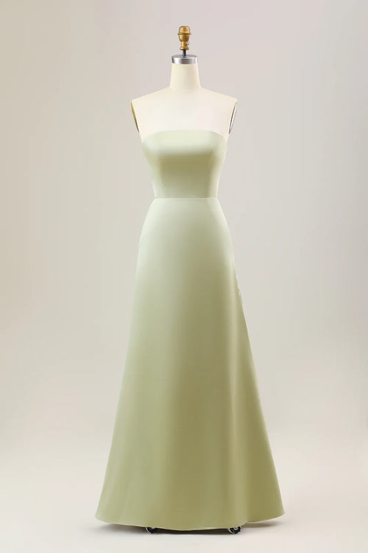 Dusty Sage A Line Strapless Satin Long Bridesmaid Dress