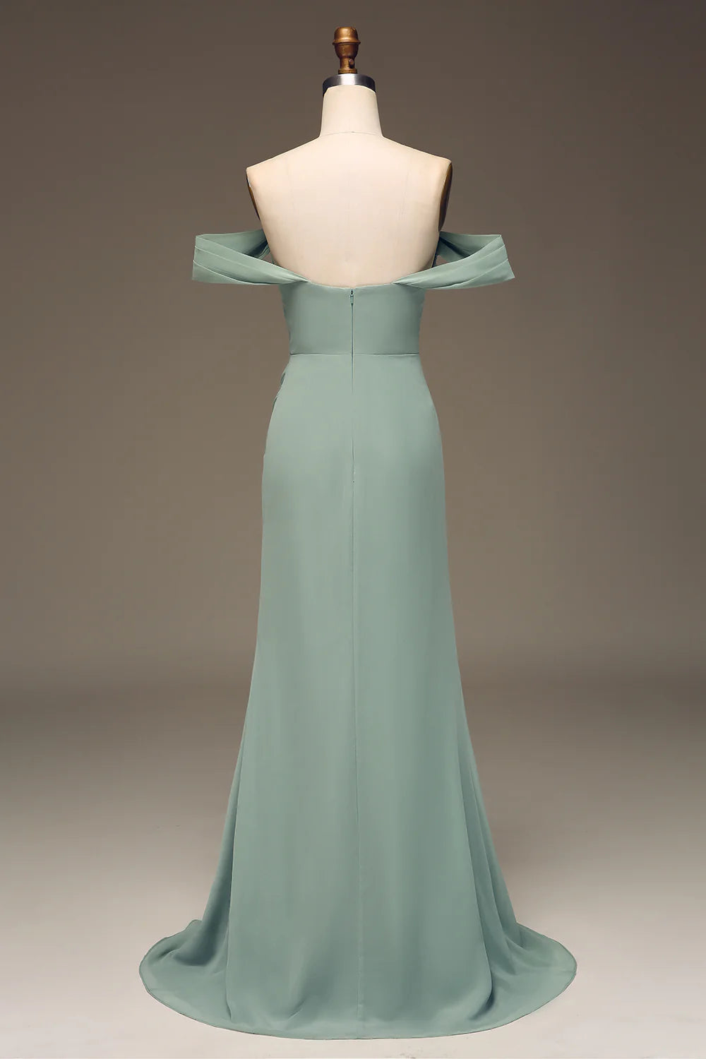 Dusty Sage Off the Shoulder Sheath Chiffon Pleated Long Bridesmaid Dress