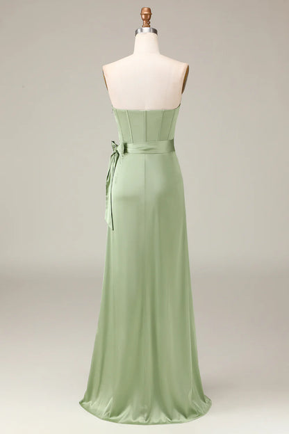 Matcha Strapless Corset A-line Satin Bridesmaid Dress with Slit