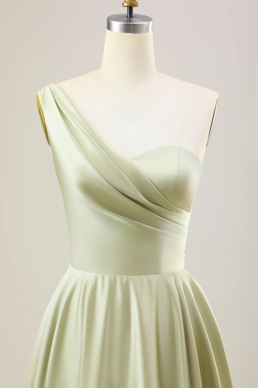 Dusty Sage A Line One Shoulder Long Satin Bridesmaid Dress