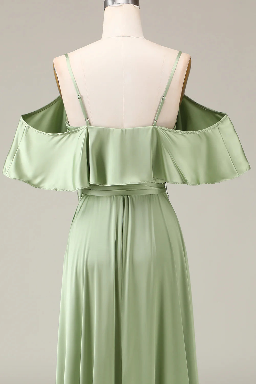 Matcha Spaghetti Straps Cold Shoulder A-line Satin Bridesmaid Dress