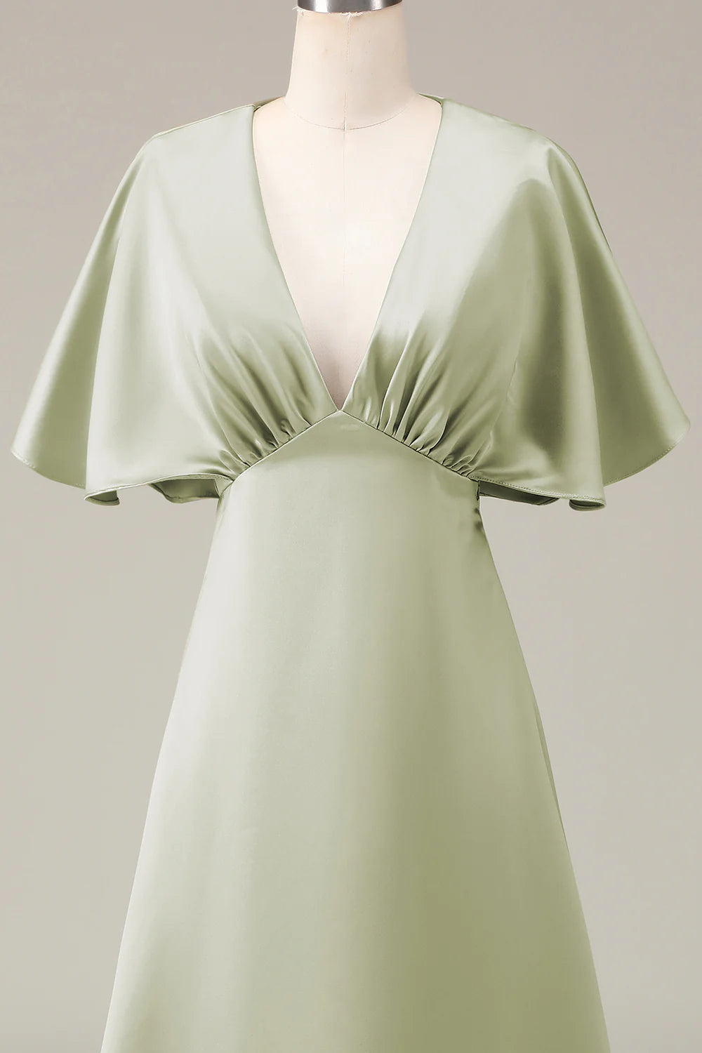 Dusty Sage V-neck Short Sleeves A-line Satin Bridesmaid Dress