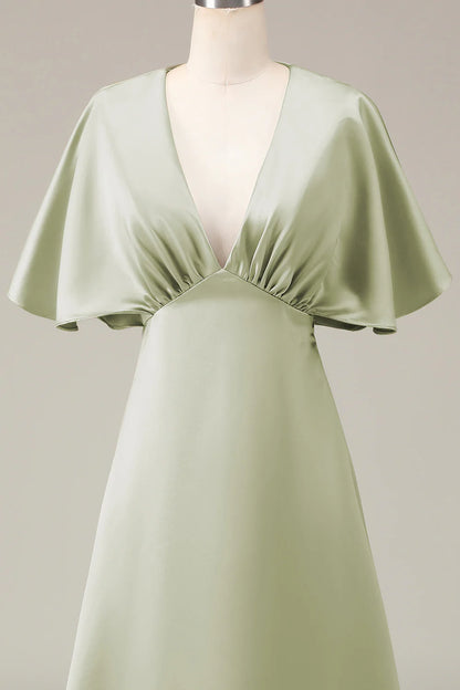 Dusty Sage V-neck Short Sleeves A-line Satin Bridesmaid Dress