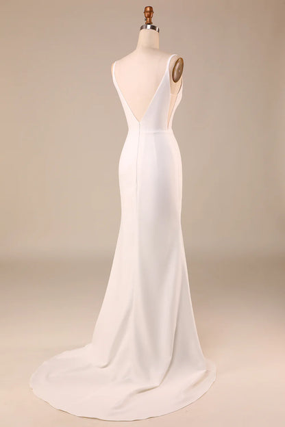 Simple Ivory Mermaid Backless Long Wedding Dress with Slit