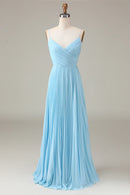 Sky Blue Spaghetti Straps V-neck A-line Pleated Chiffon Bridesmaid Dress